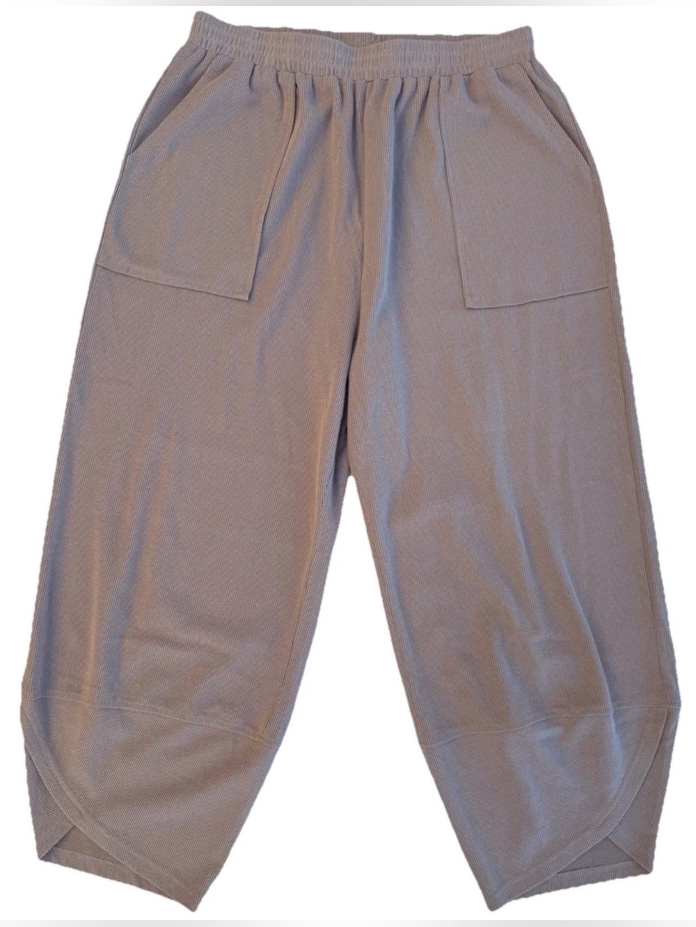 Womens L Waffle Knit Lantern Pants Taupe Tulip Crossover Hem Patch Pockets Mocha